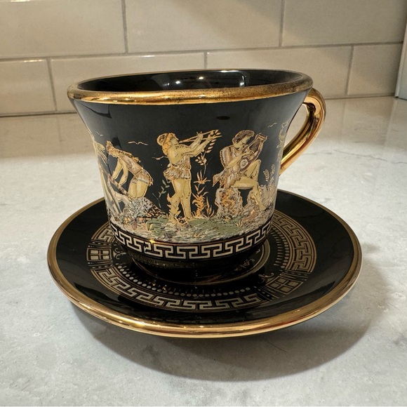 2 Black and Gold Greek Motif Cups and Saucers - Picture 2 of 9